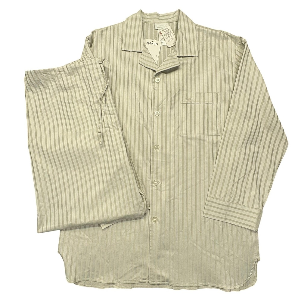 Hanro Luxury Pajama Set Mens M Beige Sand Striped Sleepwear Loungewear NWT